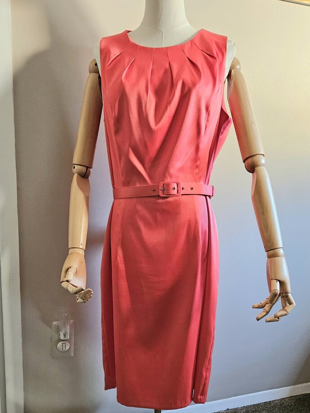 Dressbarn Sleeveless Coral-Pink Pleated Sheath Dress with Belt